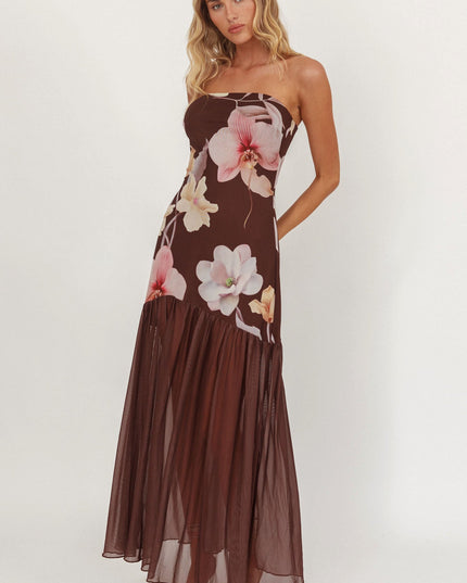 Brown Sheer Hem Strapless Midi Dress Orchids