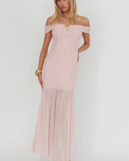 Pink Off-Shoulder Sheer Hem Maxi Dress