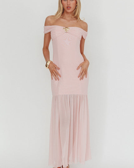 Pink Off-Shoulder Sheer Hem Maxi Dress