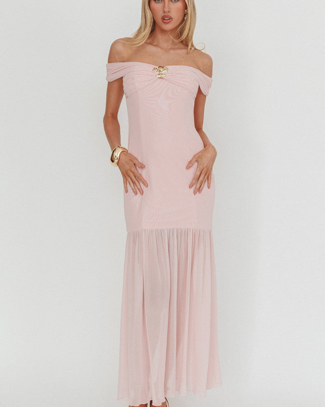 Pink Off-Shoulder Sheer Hem Maxi Dress