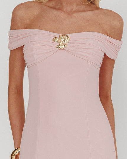 Pink Off-Shoulder Sheer Hem Maxi Dress