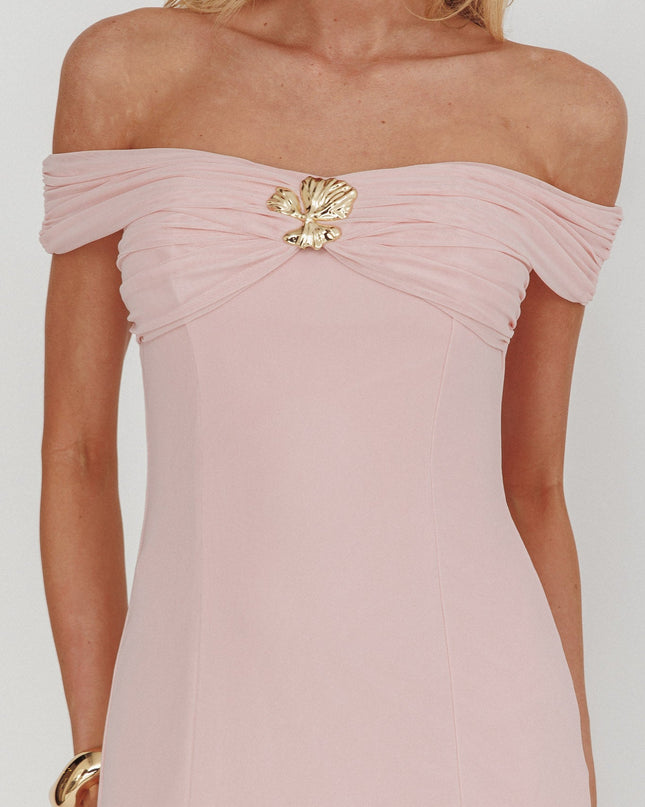 Pink Off-Shoulder Sheer Hem Maxi Dress