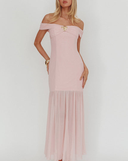 Pink Off-Shoulder Sheer Hem Maxi Dress
