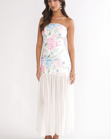Blue Sheer Hem Strapless Maxi Dress Flowers