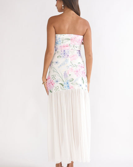 Blue Sheer Hem Strapless Maxi Dress Flowers
