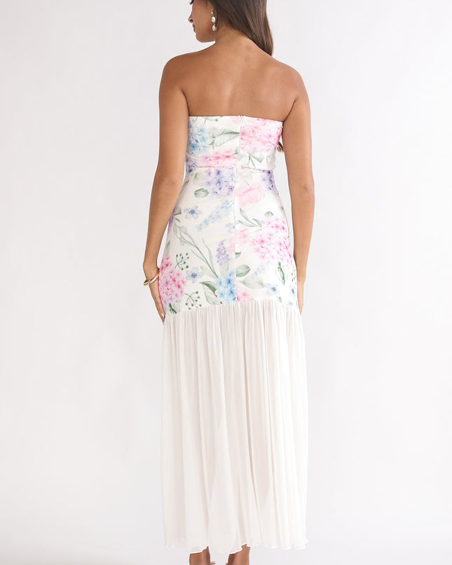 Blue Sheer Hem Strapless Maxi Dress Flowers