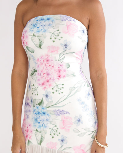 Blue Sheer Hem Strapless Maxi Dress Flowers
