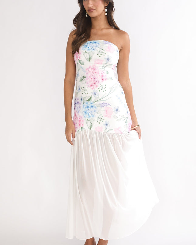 Blue Sheer Hem Strapless Maxi Dress Flowers