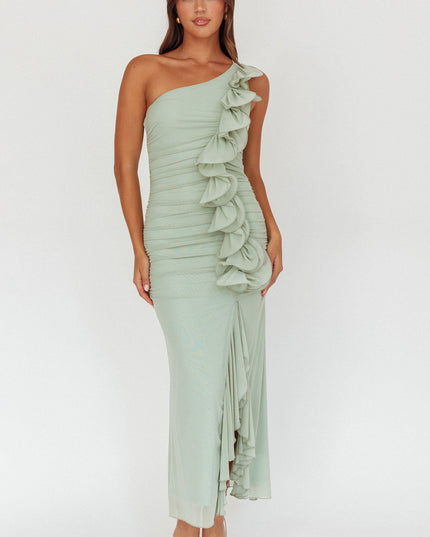 Sage One-Shoulder Ruffle Accent Maxi Dress
