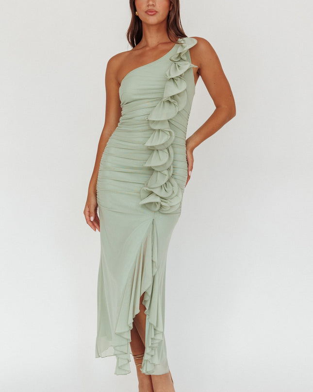 Sage One-Shoulder Ruffle Accent Maxi Dress