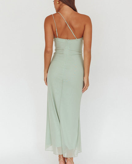 Sage One-Shoulder Ruffle Accent Maxi Dress