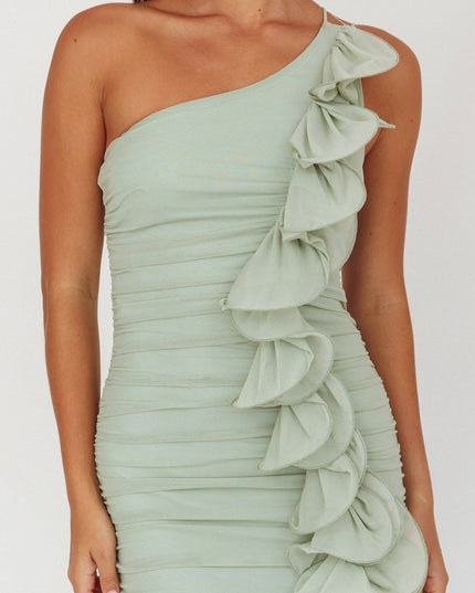 Sage One-Shoulder Ruffle Accent Maxi Dress