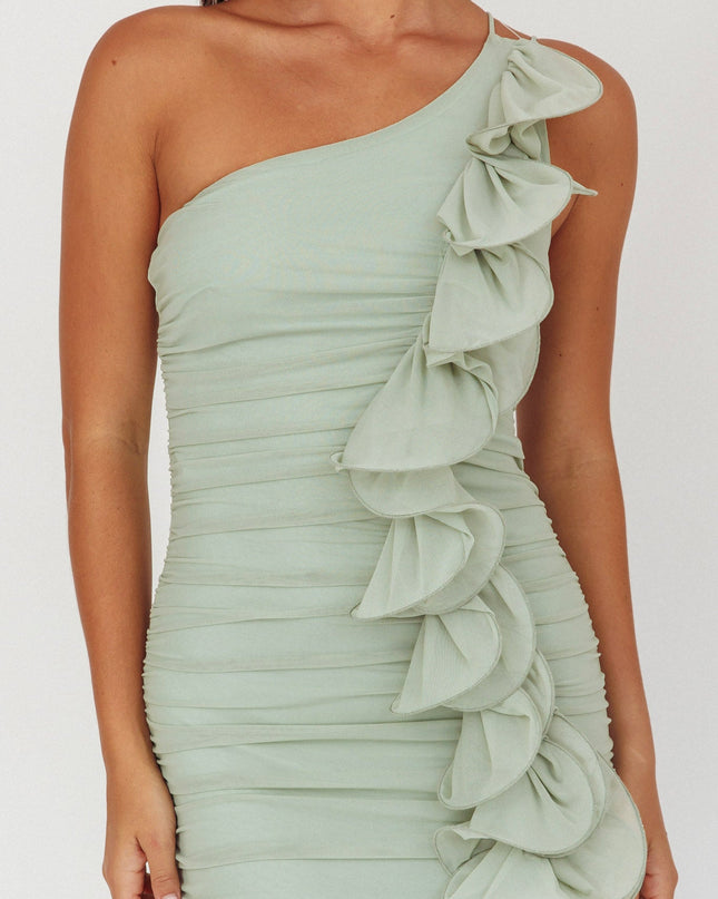 Sage One-Shoulder Ruffle Accent Maxi Dress