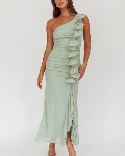 Sage One-Shoulder Ruffle Accent Maxi Dress