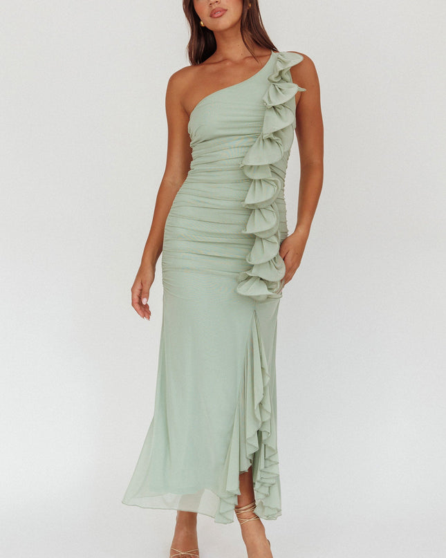 Sage One-Shoulder Ruffle Accent Maxi Dress
