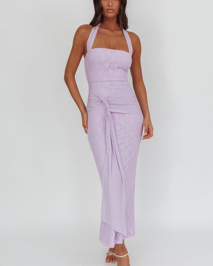 Lilac Waist Sash Halter Maxi Dress Lace