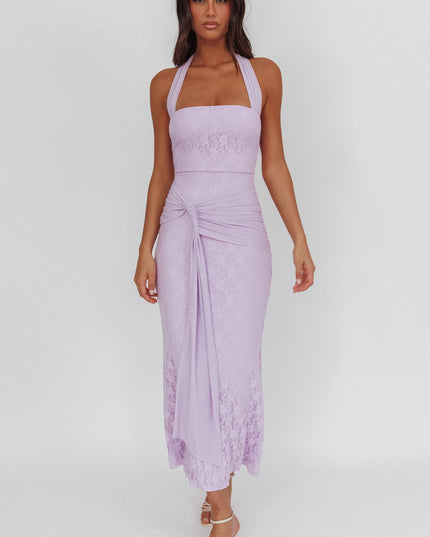 Lilac Waist Sash Halter Maxi Dress Lace