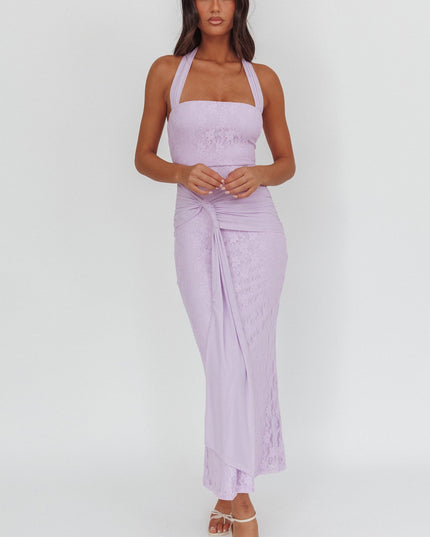 Lilac Waist Sash Halter Maxi Dress Lace