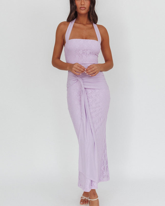 Lilac Waist Sash Halter Maxi Dress Lace