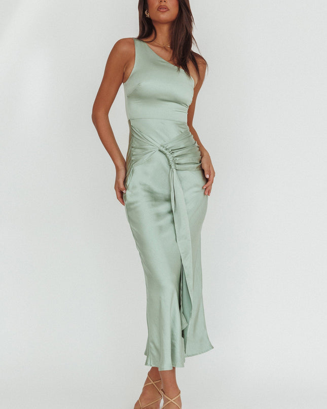Sage One-Shoulder Waist Sash Maxi Dress