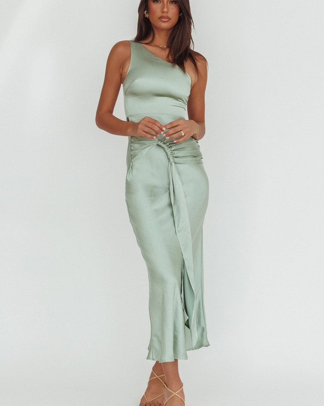 Sage One-Shoulder Waist Sash Maxi Dress