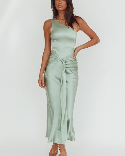 Sage One-Shoulder Waist Sash Maxi Dress