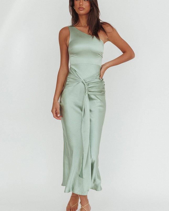 Sage One-Shoulder Waist Sash Maxi Dress