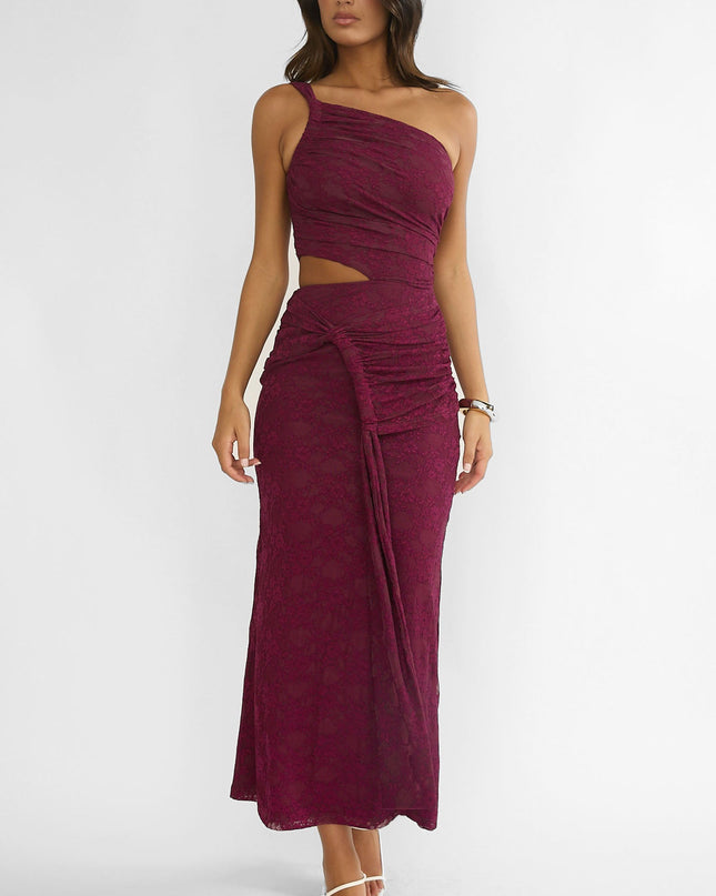 Plum One-Shoulder Cut-Out Maxi Dress Textured