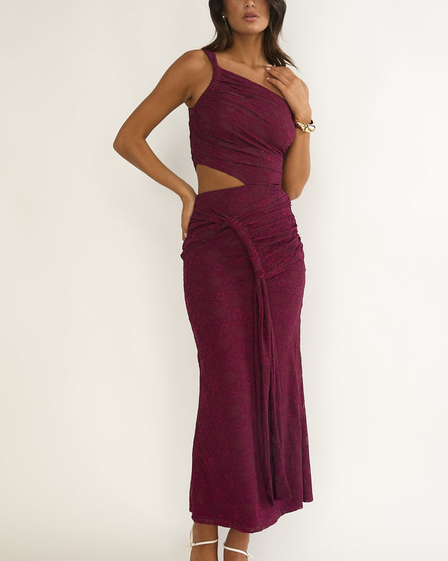 Plum One-Shoulder Cut-Out Maxi Dress Textured
