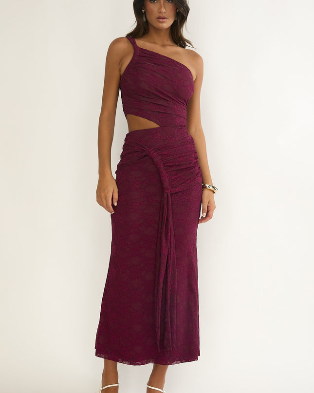 Plum One-Shoulder Cut-Out Maxi Dress Textured