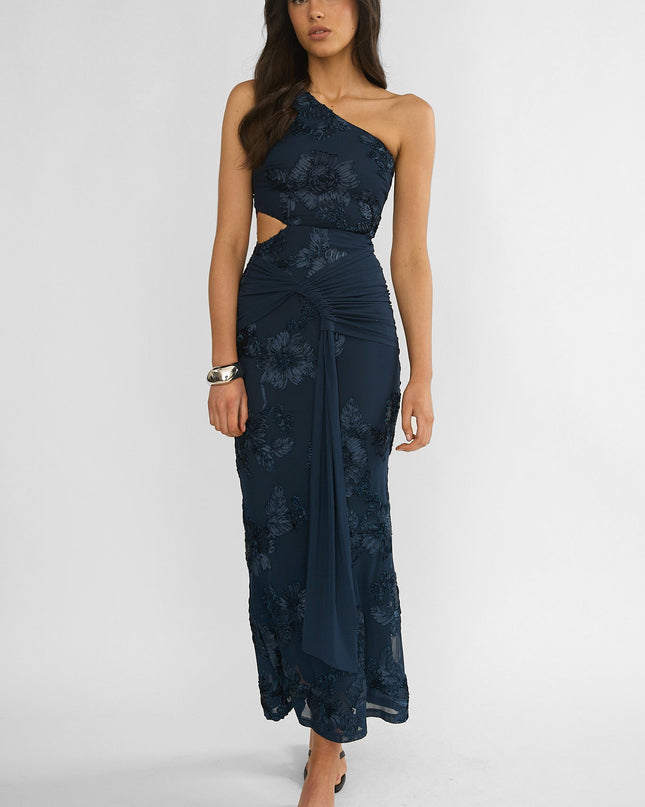 Navy One-Shoulder Cut-Out Maxi Dress Textured
