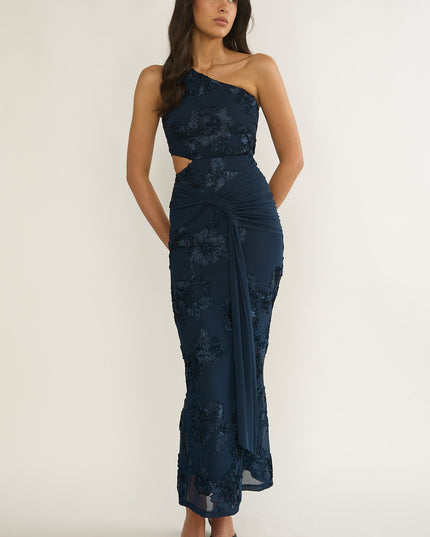 Navy One-Shoulder Cut-Out Maxi Dress Textured