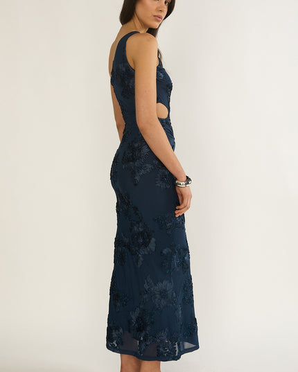 Navy One-Shoulder Cut-Out Maxi Dress Textured