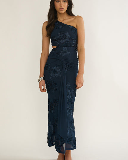 Navy One-Shoulder Cut-Out Maxi Dress Textured