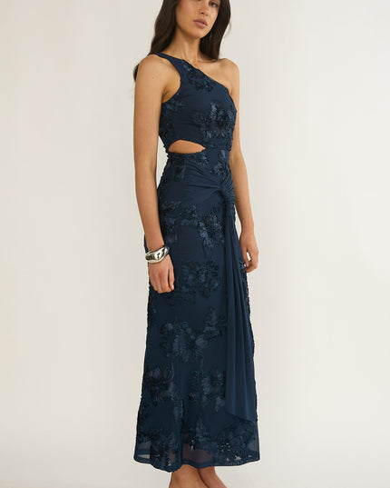 Navy One-Shoulder Cut-Out Maxi Dress Textured