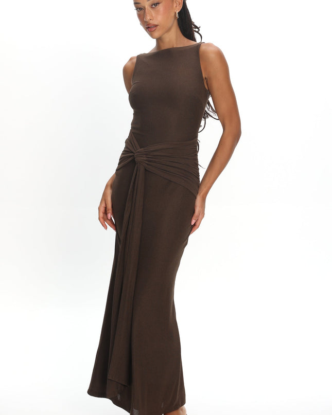 Chocolate Boat Neck Sash Maxi Dress