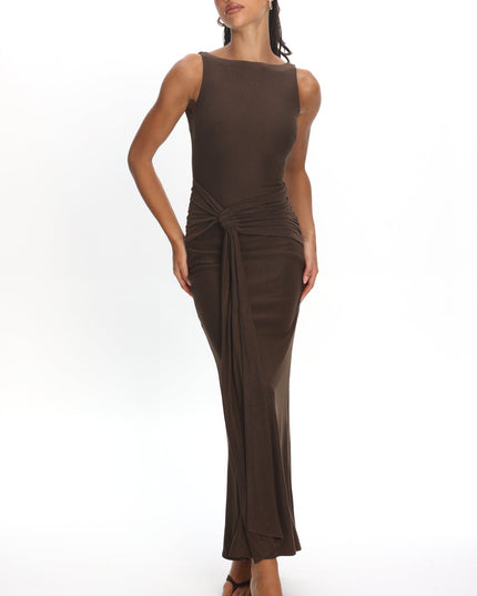 Chocolate Boat Neck Sash Maxi Dress