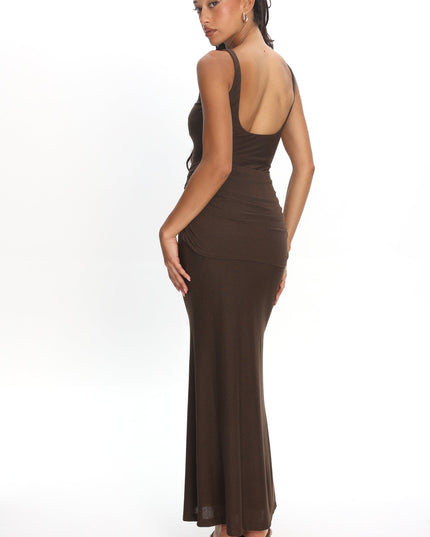 Chocolate Boat Neck Sash Maxi Dress