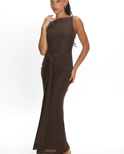 Chocolate Boat Neck Sash Maxi Dress