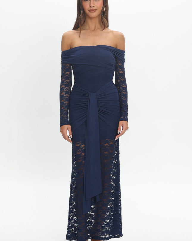 Navy Off-Shoulder Sash Maxi Dress