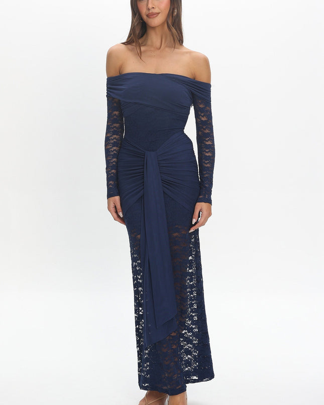 Navy Off-Shoulder Sash Maxi Dress