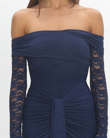 Navy Off-Shoulder Sash Maxi Dress