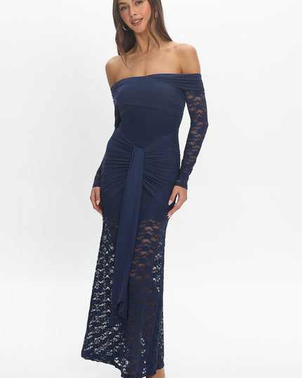Navy Off-Shoulder Sash Maxi Dress