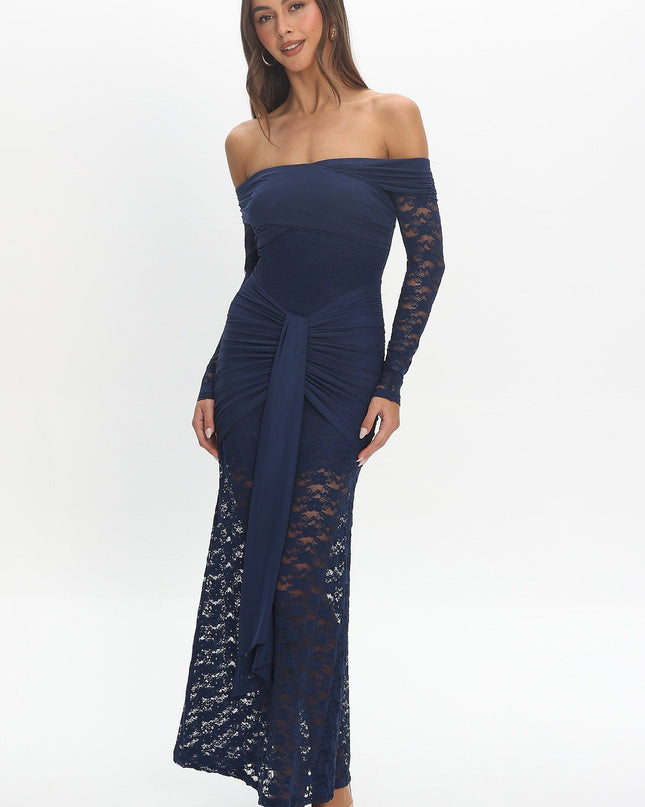 Navy Off-Shoulder Sash Maxi Dress