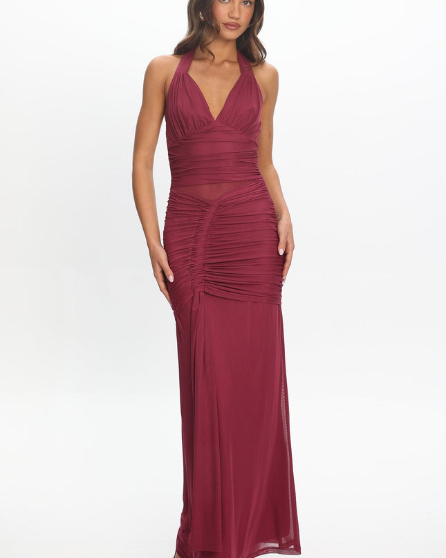 Burgundy Ruched Halterneck Maxi Dress