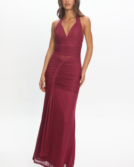 Burgundy Ruched Halterneck Maxi Dress