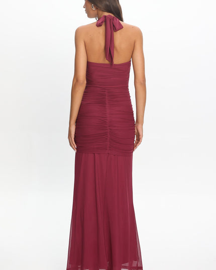 Burgundy Ruched Halterneck Maxi Dress