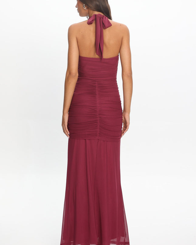 Burgundy Ruched Halterneck Maxi Dress