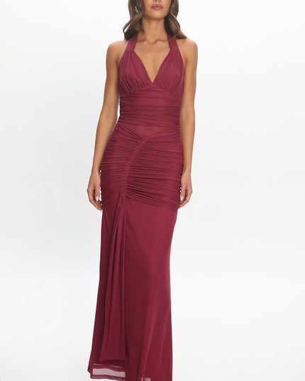 Burgundy Ruched Halterneck Maxi Dress