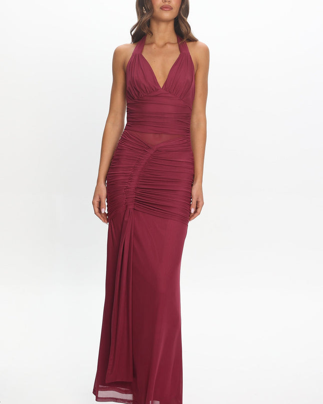 Burgundy Ruched Halterneck Maxi Dress